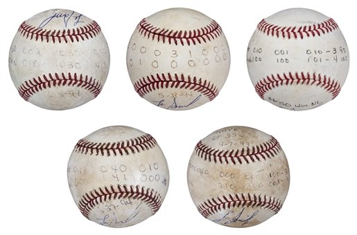Lot of (5) Lee Smith Game Used/Signed Career Save Baseballs From Various Years (Smith LOA)